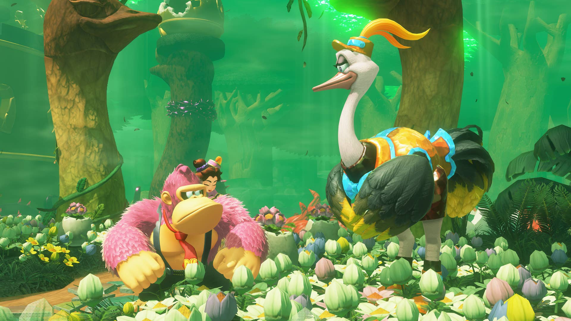 A pink Donkey Kong standing next to an ostrich