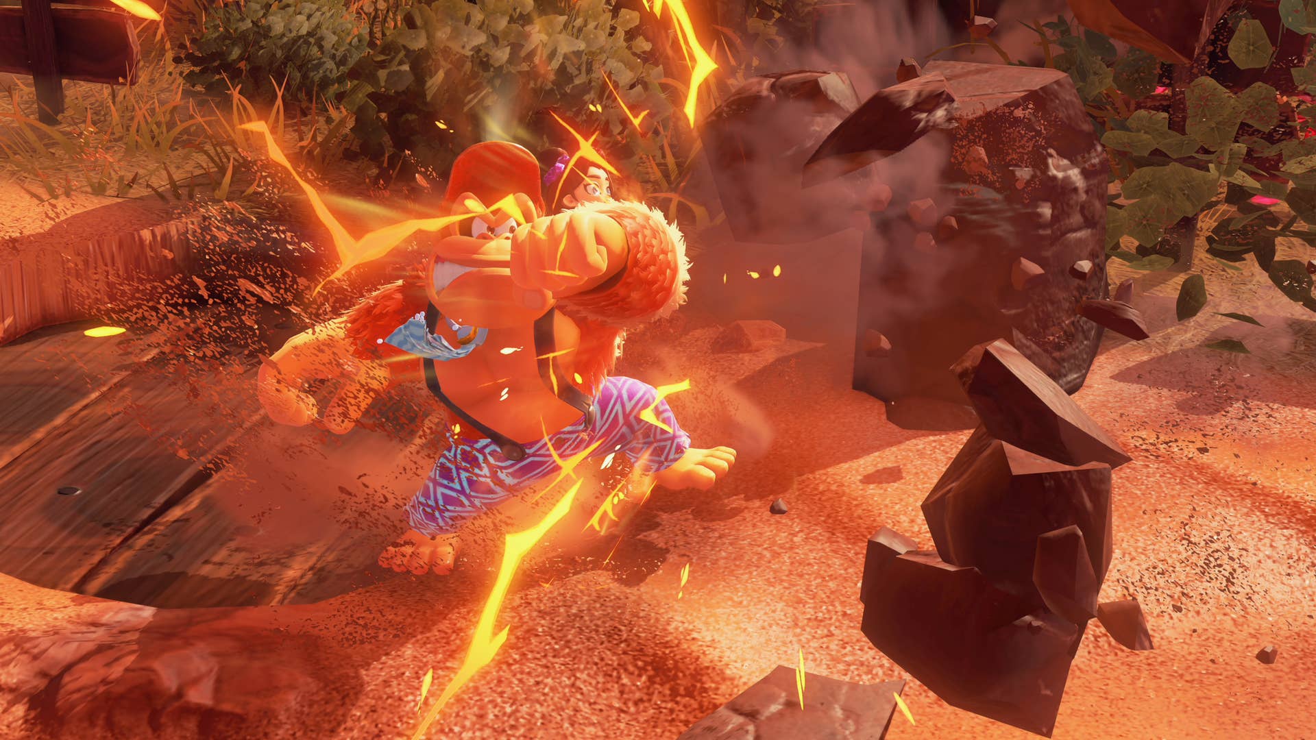 Donkey Kong smashes through terrain with human Pauline on his back in a screenshot from Donkey Kong Bananza.