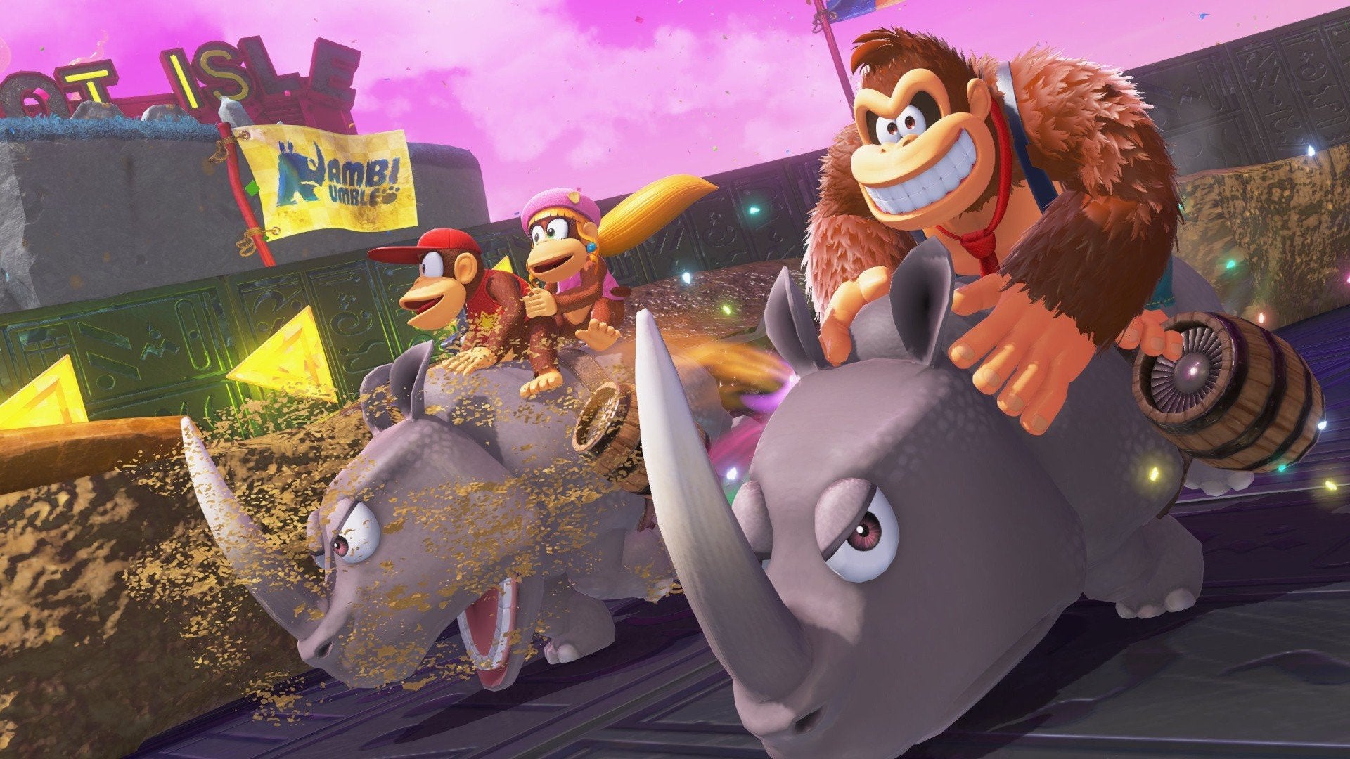 Donkey Kong rides Rambi the Rhino, racing against Diddy and Dixie Kong, in this screenshot from DK Bananza.