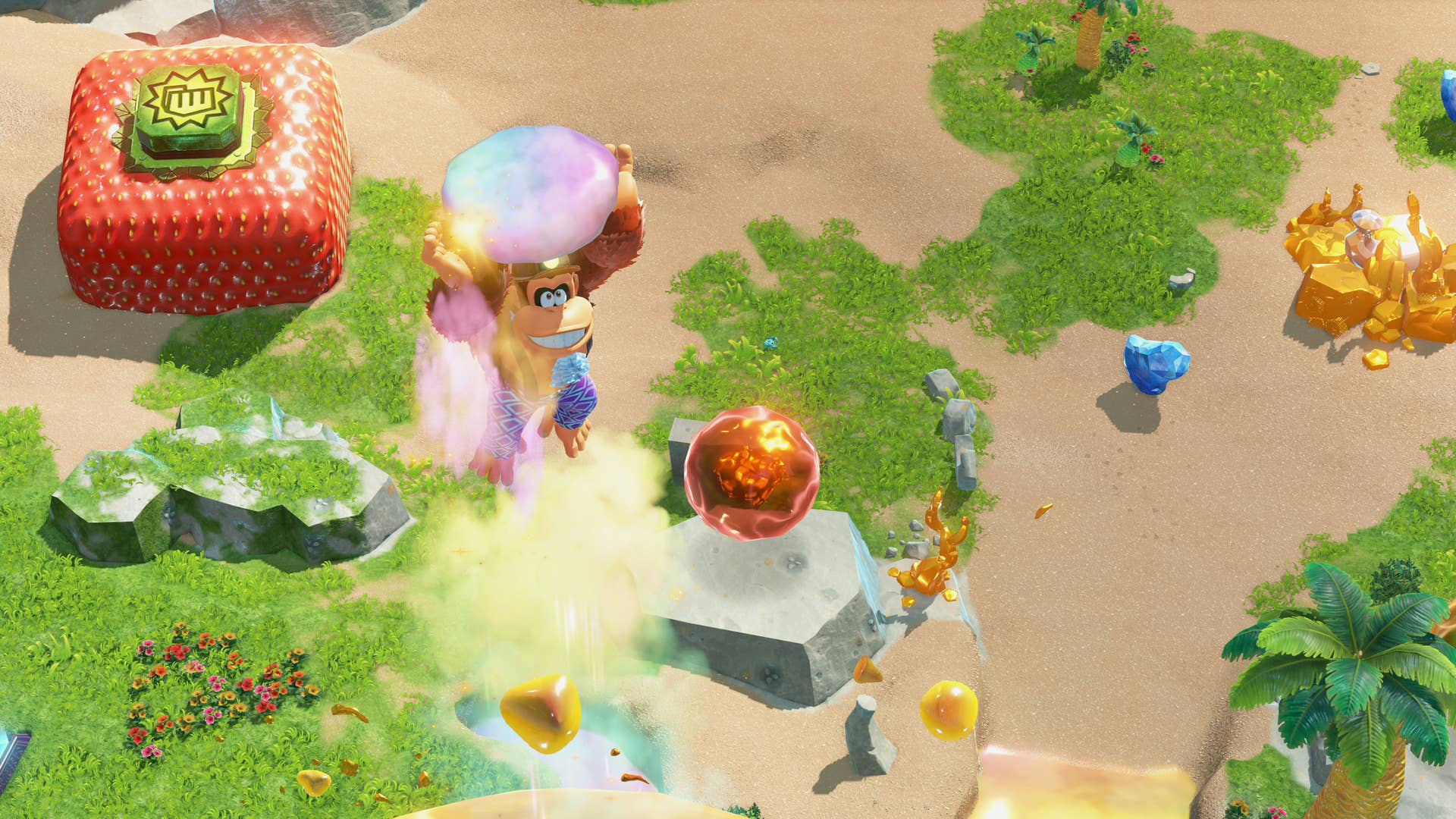 Donkey Kong soars in the air with the help of a special piece of terrain in DK Bananza.