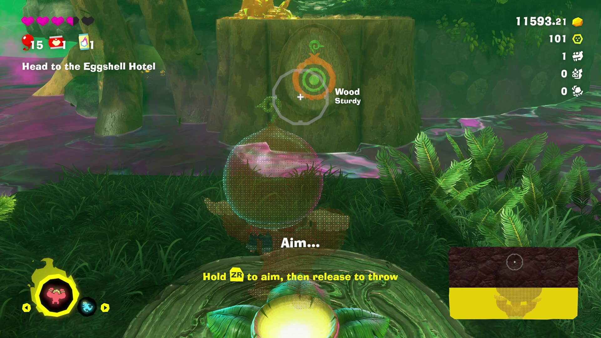 Donkey Kong gets ready to throw an item in this DK Bananza screenshot.