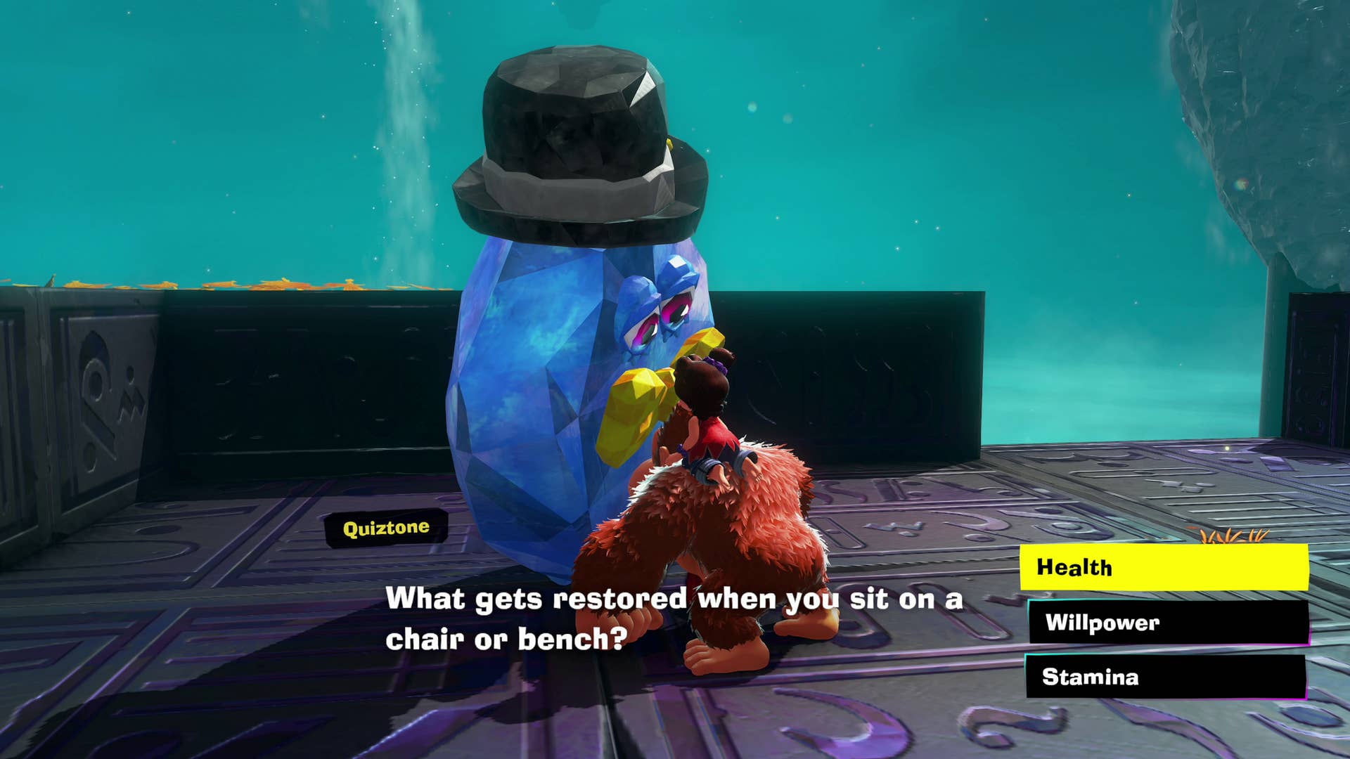 Donkey Kong answers quiz questions from a friendly NPC in this screenshot of DK Bananza.