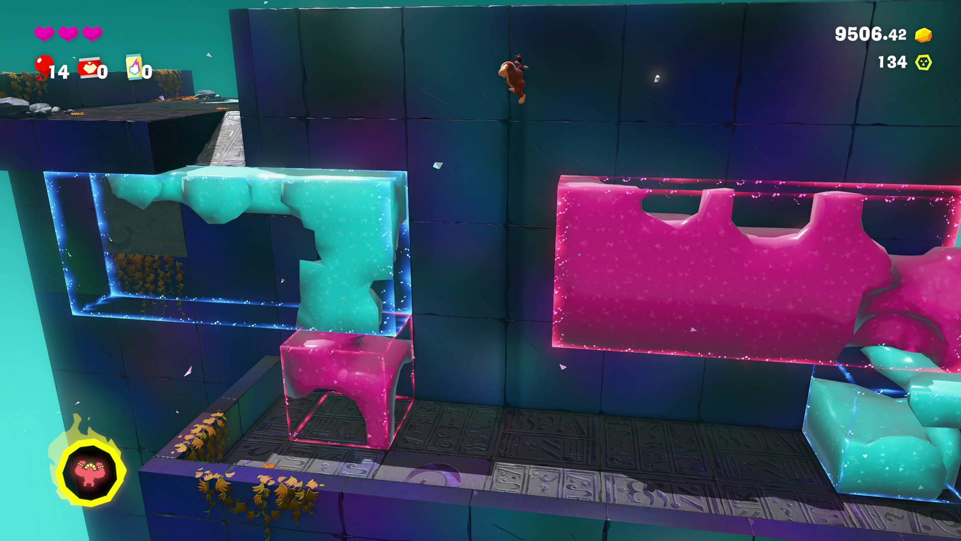 Donkey Kong jumps from one brightly colored platform to another in DK Bananza.