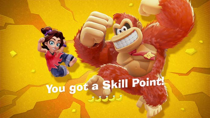 Donkey Kong and Pauline celebrate levelling up in DK Bananza.