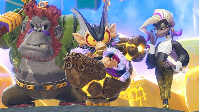 The void company, villians of Donkey Kong Bananza, post in this screenshot.
