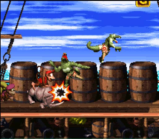 Diddy Kong can be seen barreling through enemies in Donkey Kong Country 2