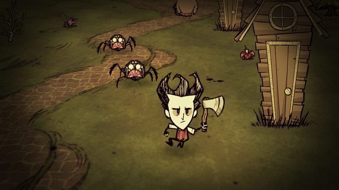 A spiky-haired boy runs away from spiders holding an axe in Don’t Starve