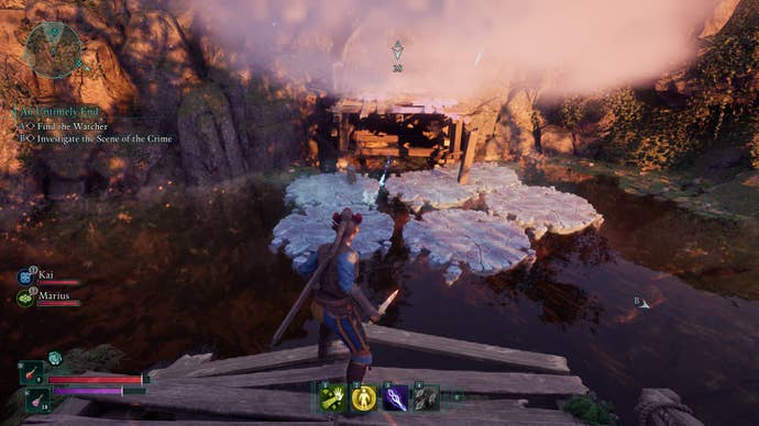 After casting an ice spell, frosty platforms appear over a watery pit in Avowed, letting the Envoy walk across.