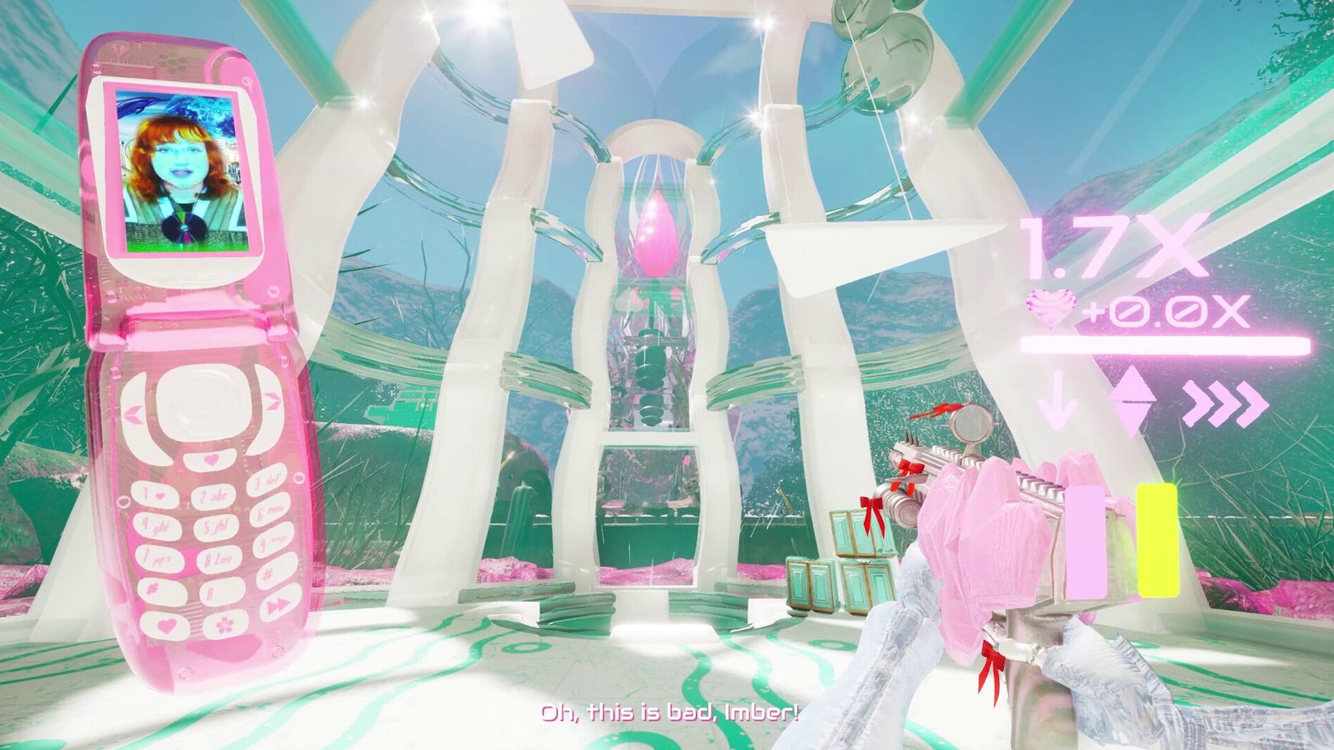 A first-person position  of a precise  shiny, Y2K-style country   that's partially underwater, the subordinate    quality  is holding a weapon  and is video calling idiosyncratic    connected  a flip telephone  successful  Don't Stop, Girlypop!