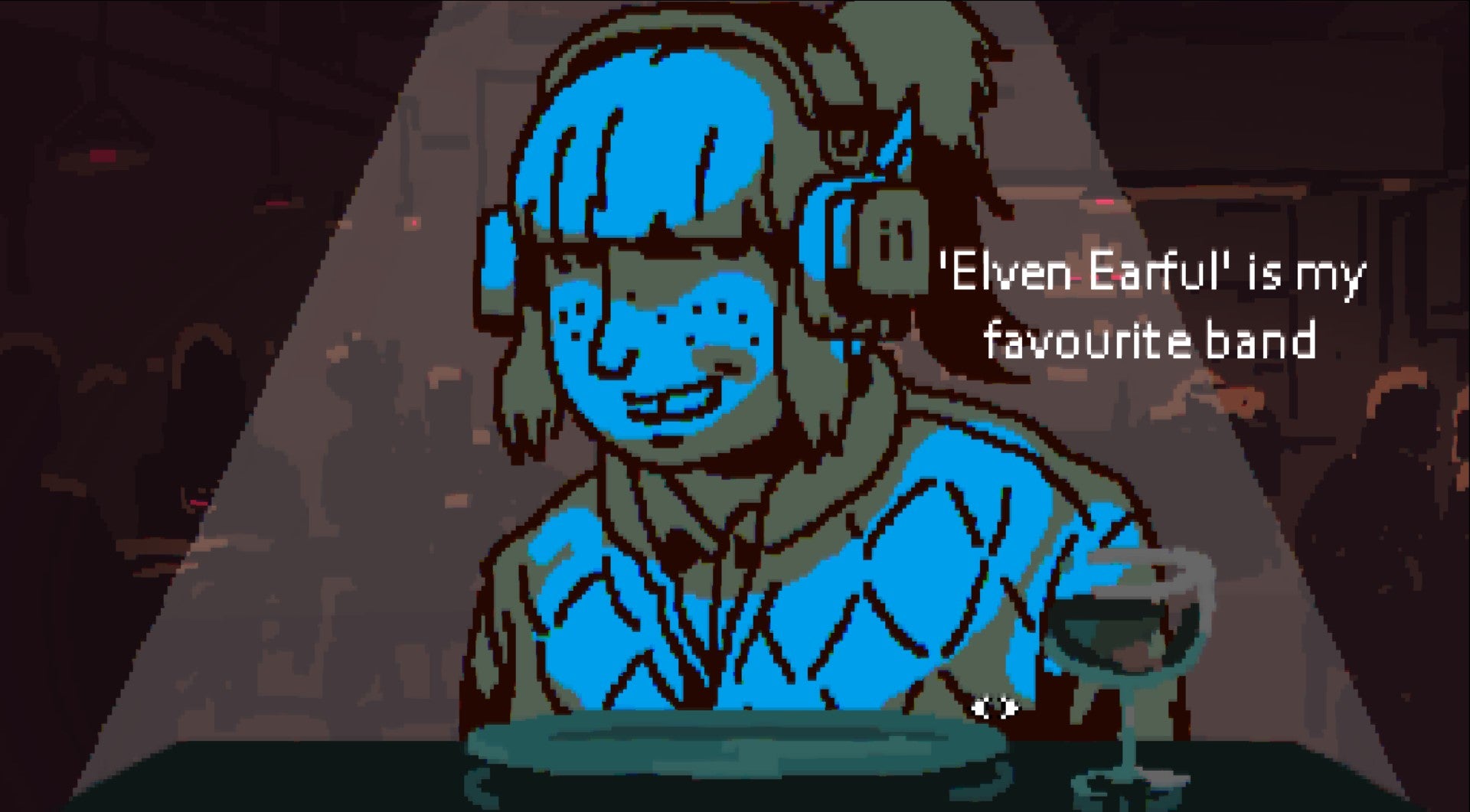 A femme-presenting person with big headphones, long shaggy pale hair and a diamond patterned top in a scene from Don't Stare, the bad dating sim. - 1