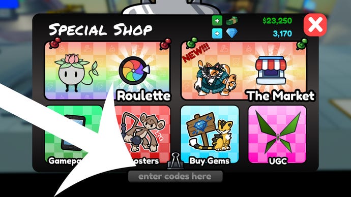 Arrow pointing at the codes button in the Roblox game Doodle World.