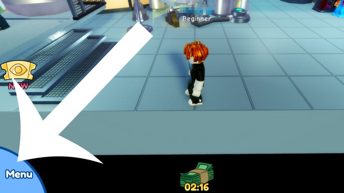 Arrow pointing at the menu button in the Roblox game Doodle World.