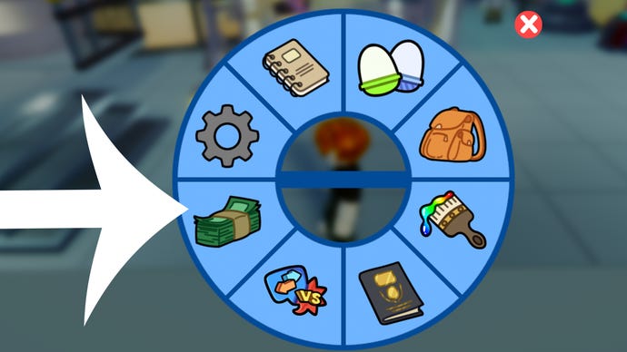 Arrow pointing at the shop button in the Roblox game Doodle World.