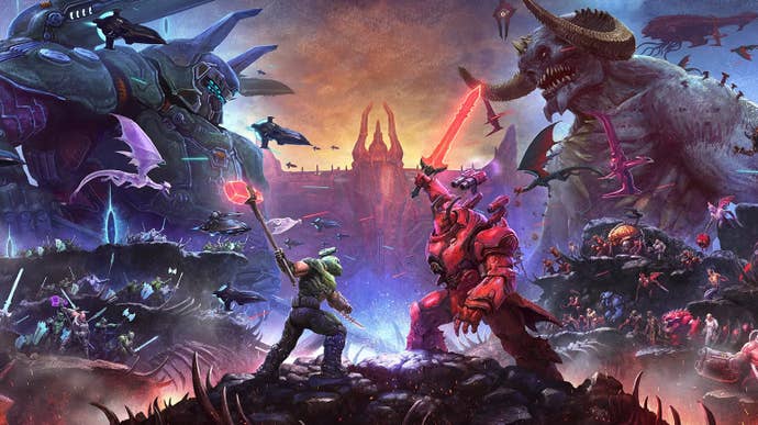 Doom Eternal: The Ancient Gods - Part Two - The doom slayer wielding a large red hammer fights against the dark lord with a glowing red sword.