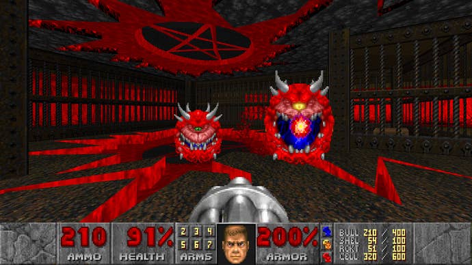 Two cacodemons attack the player in Doom, who retaliates with a minigun