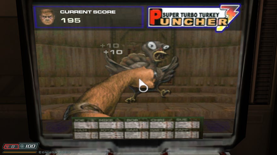 Punching a turkey in Doom 3’s Super Turbo Turkey Puncher 3.