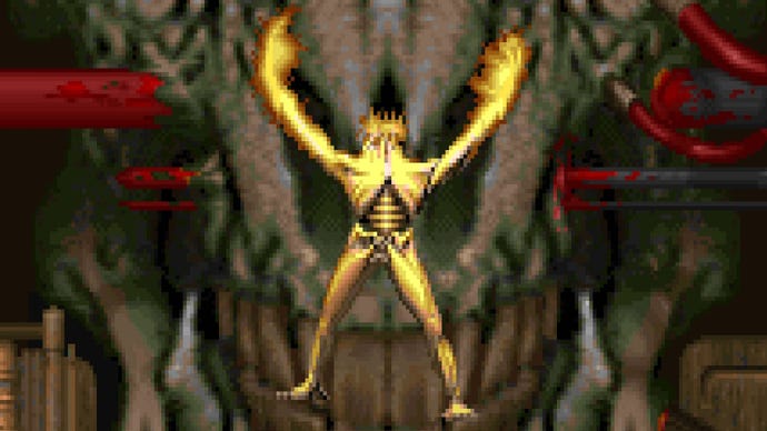 Pixel art of an Arch-Vile from Doom II