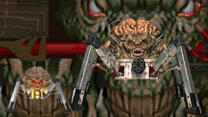 Pixel art of the Arachrnotron and Spider Mastermind from Doom II