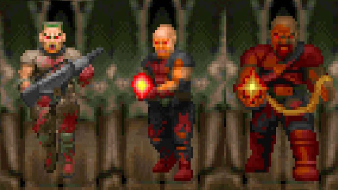 Pixel art of the Zombieman, Shotgun Guy and Heavy Weapons Dude from Doom II