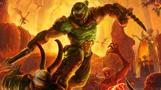 The Doom Slayer prepares to stab a monster with his wrist-mounted blade while stepping on their chest