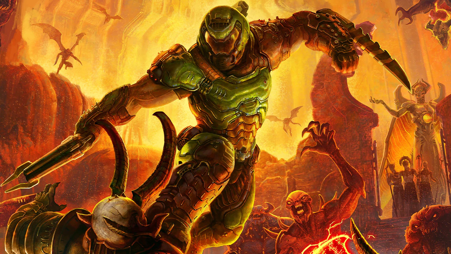 The Doom Slayer prepares to stab a monster with his wrist-mounted blade while stepping on their chest - 1