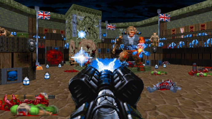 The player shooting a Margaret Thatcher in Thatcher’s Techbase.