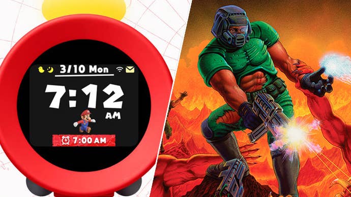 On the left, a Nintendo Alarmo, an alarm clock that features Mario on it. On the right, Doom key art showing Doom Guy shooting a gun at demons.