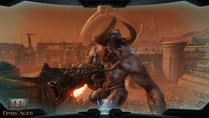 A screenshot of an Atlan mech-piloting section in Doom The Dark Ages, showing a giant gauntleted fist smacking a gigantic demon in its hellish chops.