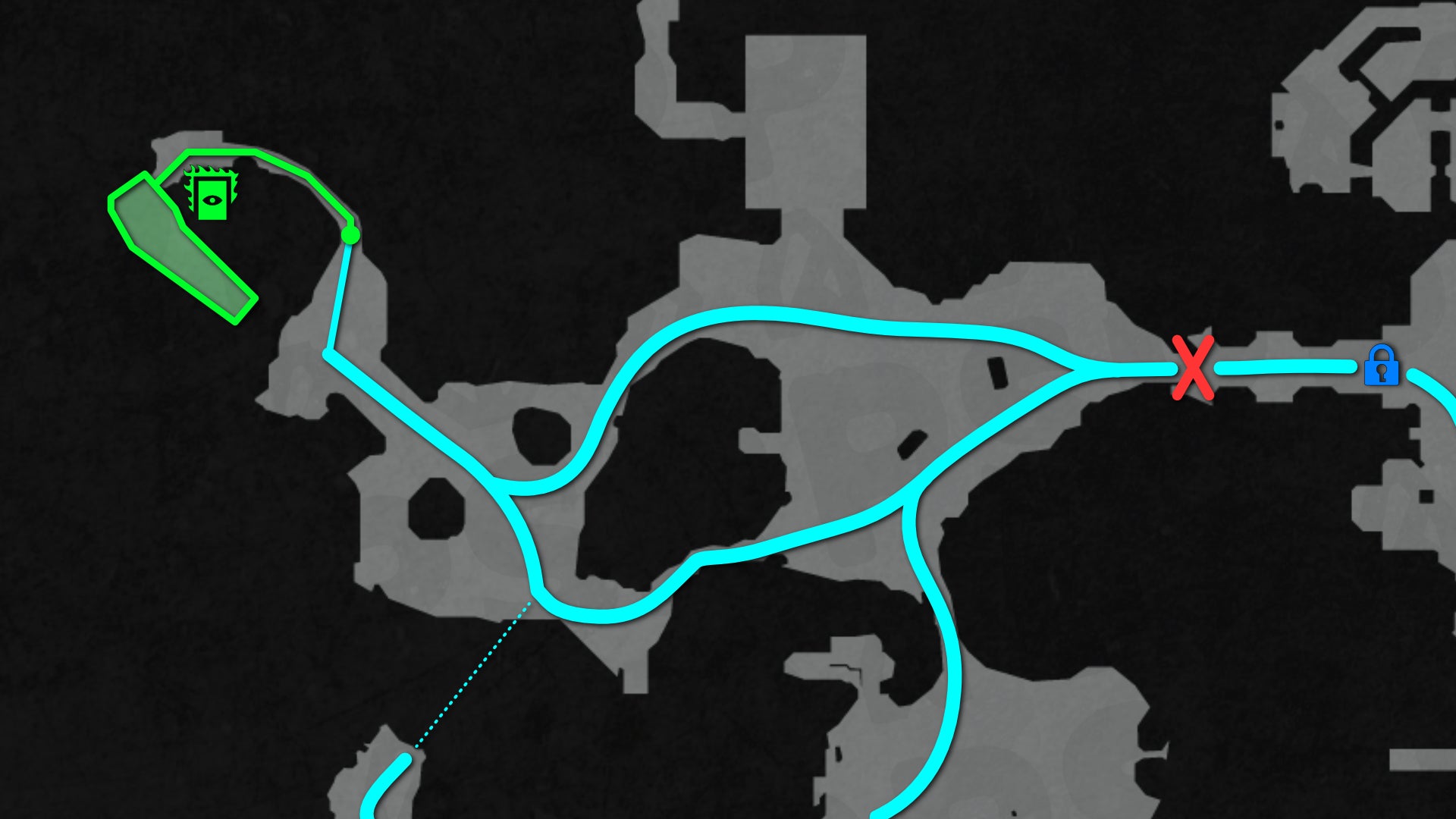 Part of a top-down map of Chapter 1 of Doom: The Dark Ages, focused on the path to the level's bonus hidden area. - 27