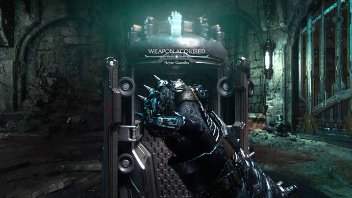 The player in Doom: The Dark Ages acquires the Power Gauntlet weapon pickup near the beginning of Chapter 1, and holds their gauntled fist out in front of them to display the weapon properly.