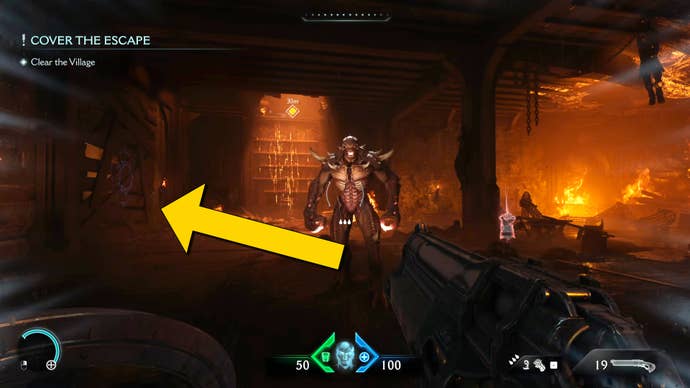 The player in Doom: The Dark Ages face off against a demon inside a burning room in Chapter 1. On the left can be seen a section of breakable wall housing a secret area.