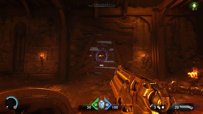 The player in Doom: The Dark Ages looks towards an area of breakable wooden wall marked by a purple icon, housing a secret area in Chapter 1.