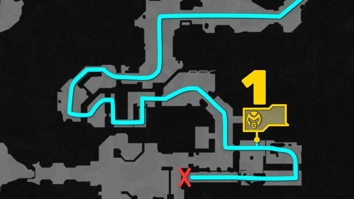 Part of a top-down map of Chapter 1 of Doom: The Dark Ages, focused on the path to the level's 1st secret.