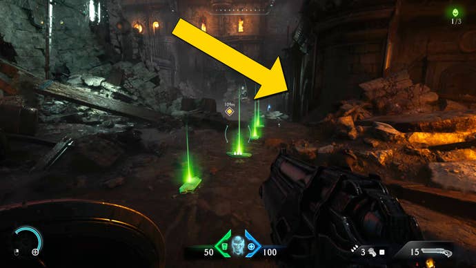 The player in Doom: The Dark Ages heads down an alleyway marked by a line of armour pickups in Chapter 1.