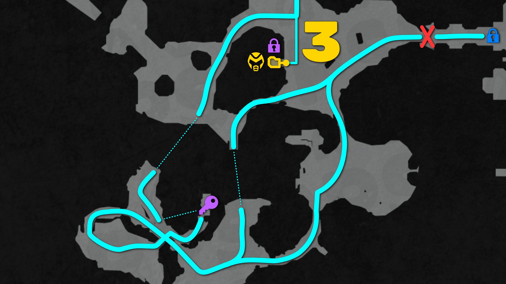 Part of a top-down map of Chapter 1 of Doom: The Dark Ages, focused on the path to the level's 3rd secret. - 14