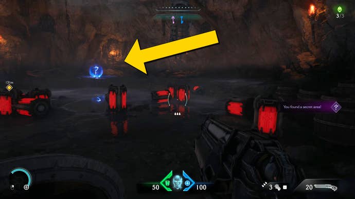 The player in Doom: The Dark Ages stands inside a secret cave area in Chapter 1 littered with red explosive barrels.