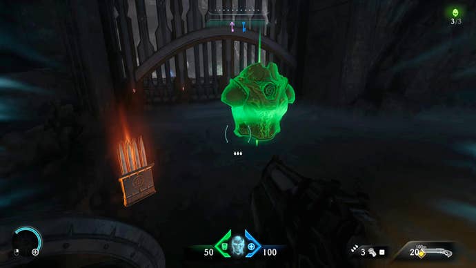 The player in Doom: The Dark Ages stands on the opposite side of a locked gate containing various pickups in Chapter 1.