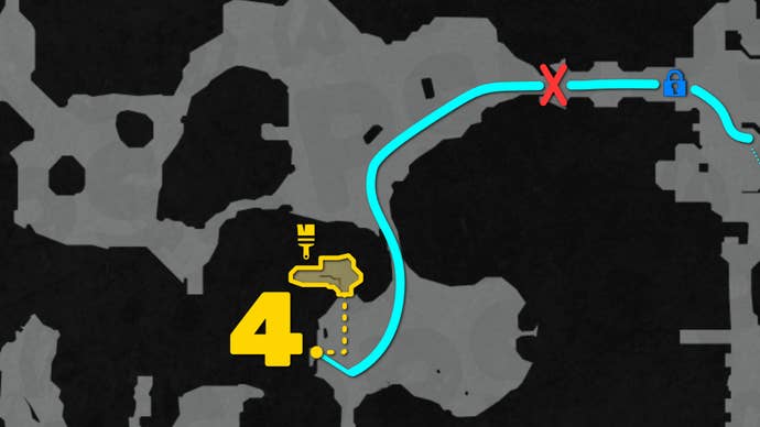 Part of a top-down map of Chapter 1 of Doom: The Dark Ages, focused on the path to the level's 4th secret.