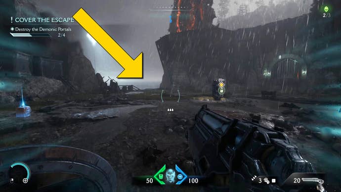 The player in Doom: The Dark Ages runs past a weapon pickup in the rain, towards a ledge with an area of broken fence.