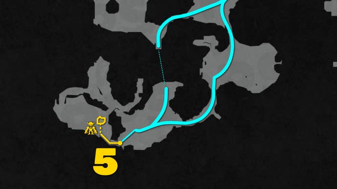 Part of a top-down map of Chapter 1 of Doom: The Dark Ages, focused on the path to the level's 5th secret.