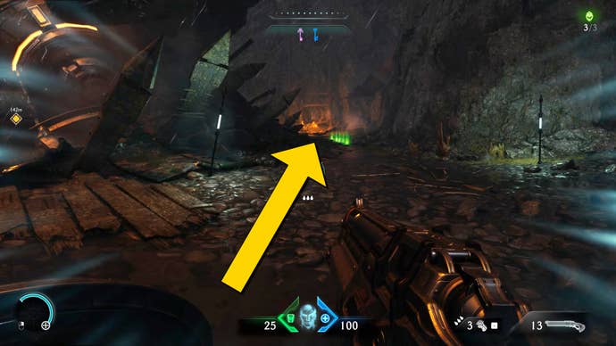 The player in Doom: The Dark Ages runs towards a number of armour pickups in a line on the ground on the beach towards the end of Chapter 1.