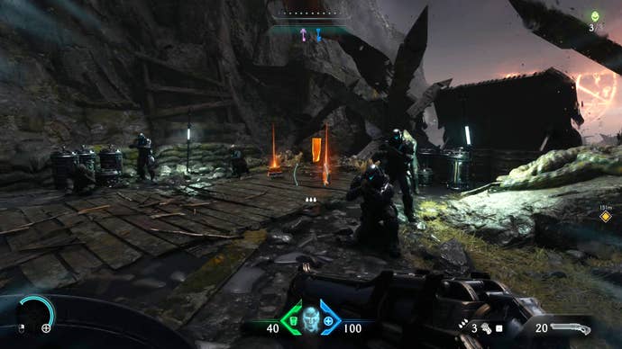 The player in Doom: The Dark Ages runs towards a Codex collectible surrounded by friendly NPCs near the end of Chapter 1.