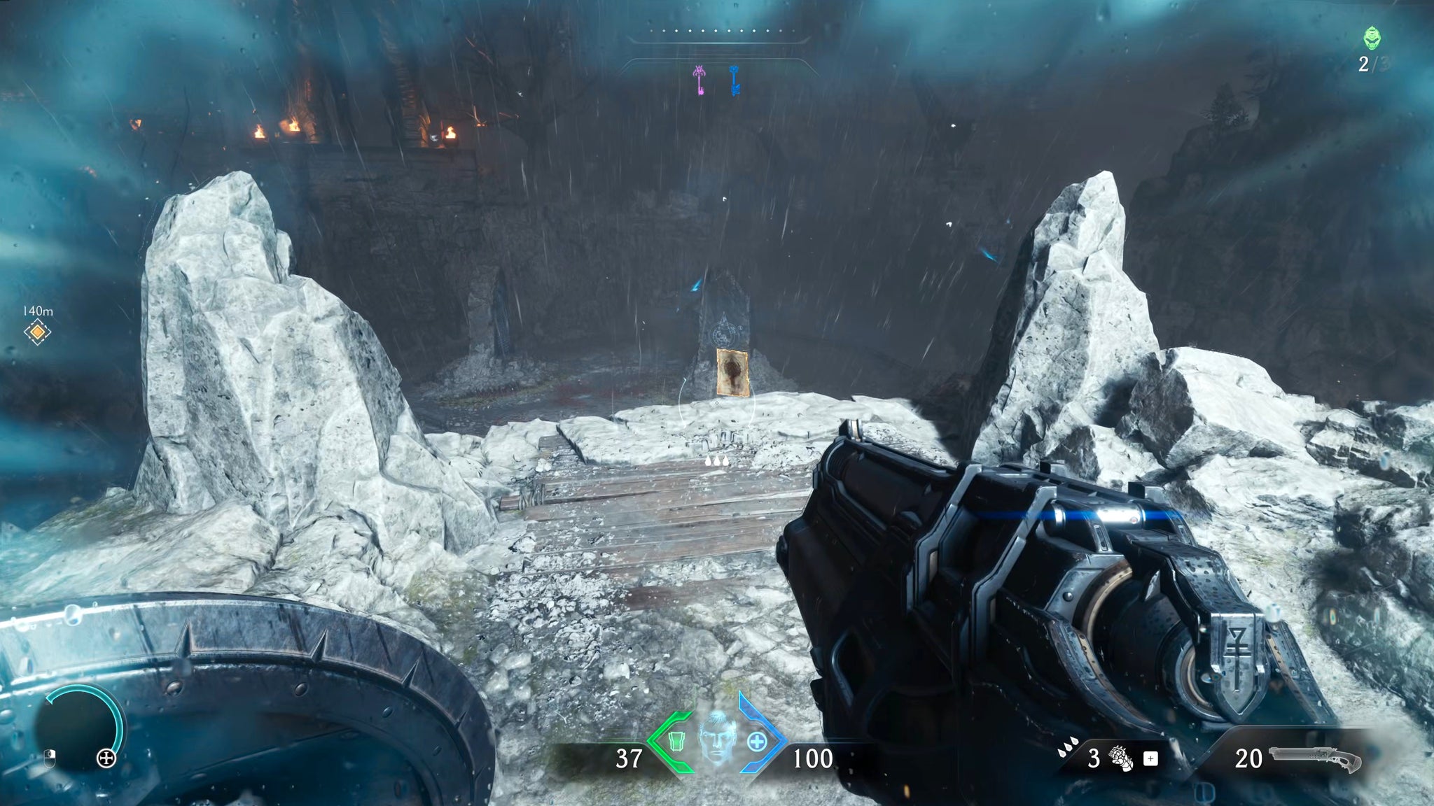 The player in Doom: The Dark Ages runs towards a Codex collectible atop a white-lit cliff. - 29