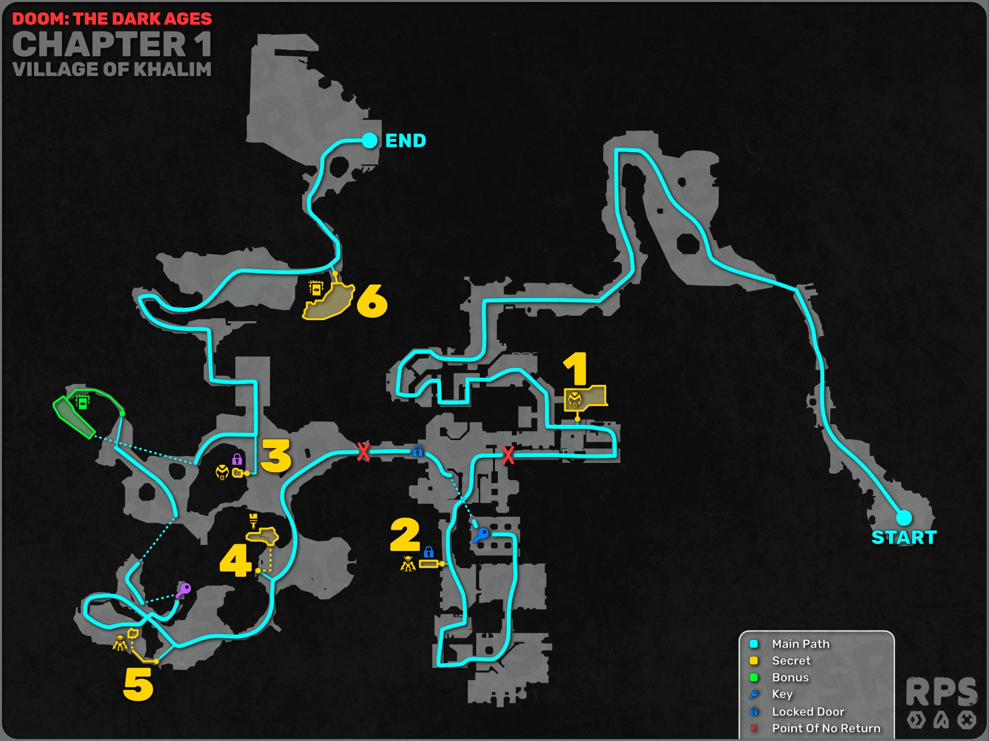 A top-down map of the Village Of Khalim, Chapter 1 of Doom: The Dark Ages, with the main path marked in blue, the secret areas in yellow, bonus hidden areas in green, and points of no return in red. - 3