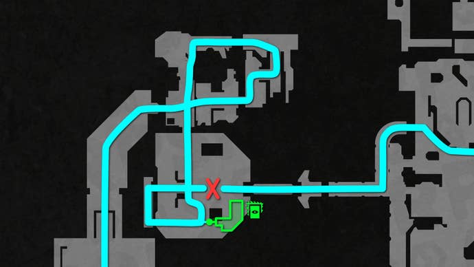 Part of a top-down map of Chapter 2 of Doom: The Dark Ages, focused on the path to the level's bonus hidden area.