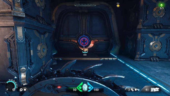 The player in Doom: The Dark Ages aims a Shield Charge at a breakable metal door indoors in Chapter 2.