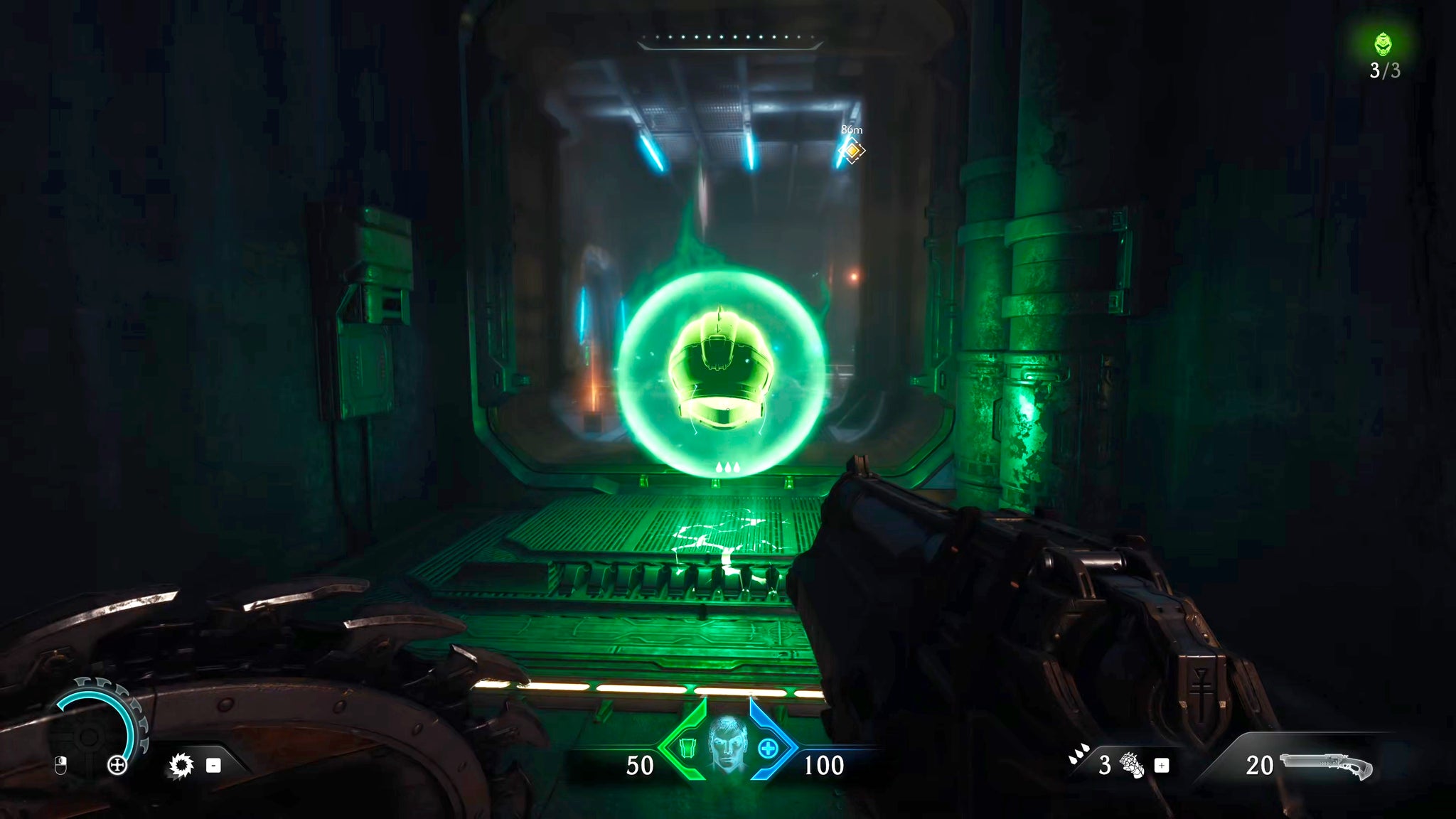 The player in Doom: The Dark Ages stands in front of a glowing green Life Sigil at the end of a secret passageway in Chapter 2. - 6