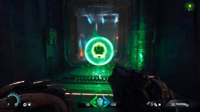 The player in Doom: The Dark Ages stands in front of a glowing green Life Sigil at the end of a secret passageway in Chapter 2.