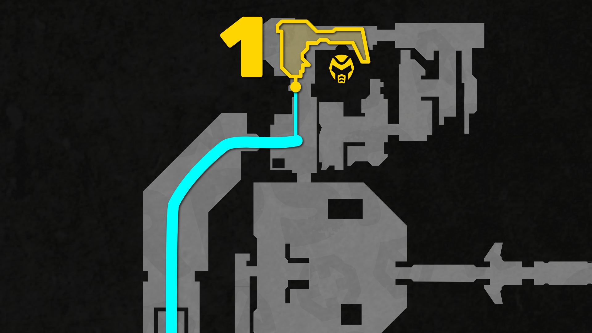 Part of a top-down map of Chapter 2 of Doom: The Dark Ages, focused on the path to the level's 1st secret. - 4