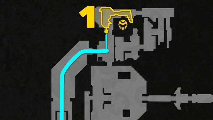 Part of a top-down map of Chapter 2 of Doom: The Dark Ages, focused on the path to the level's 1st secret.